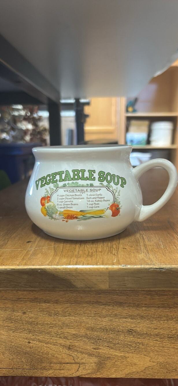 Vegetable Soup Recipe Ceramic Soup Mug 4 Cups White Printed Handle Hot/Cold